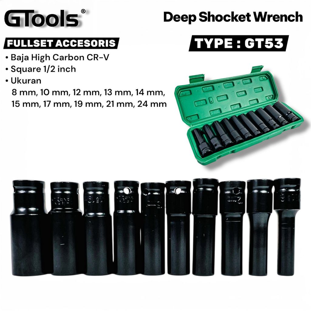 GTOOLS GT53 Mata Shock Impact Dalam 1/2" Deep Wall Baja Hitam 8mm-24mm