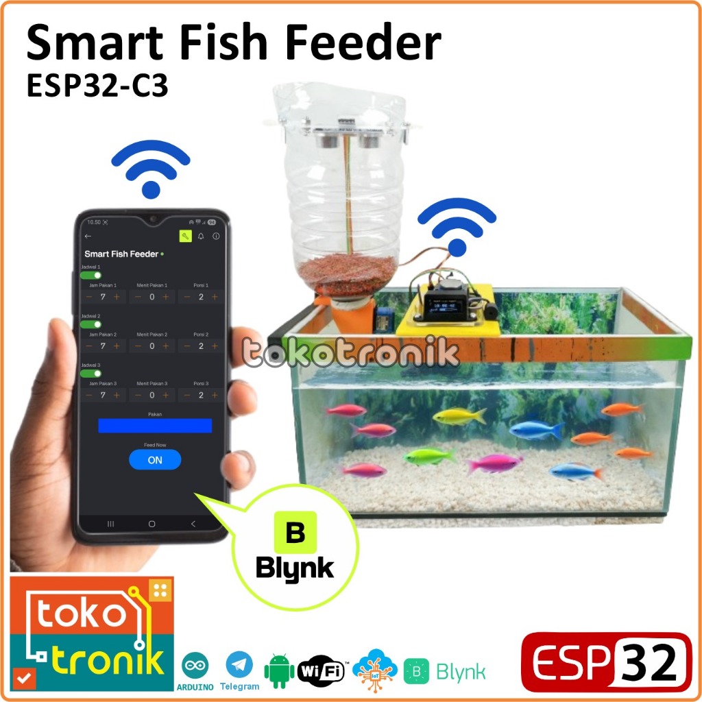 ESP32 Smart Fish Feeder Starter Kit IoT + RTC + OLED + Servo +Ultrasonic | Kit Pakan Ikan Otomatis d