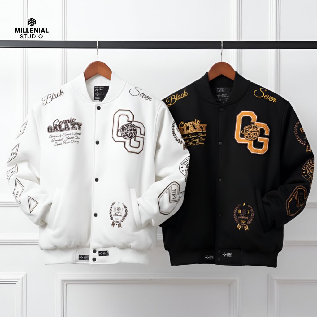 VARSITY JACKET COSMIC GALAXY WHITE BLACK | BASEBALL PUTIH HITAM BORDIR ORI BLACKSEVEN PRIA WANITA