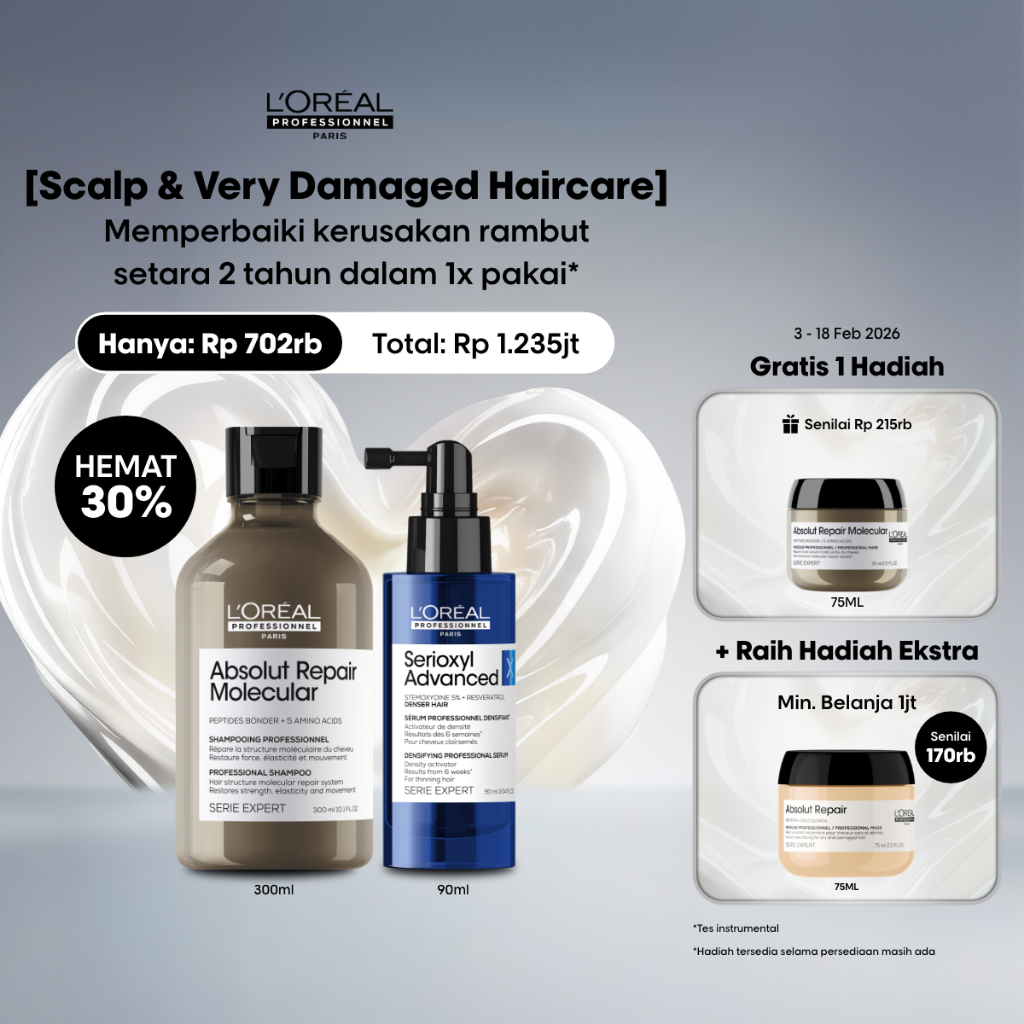 Absolut Repair Molecular Shampoo + Serioxyl Denser Activator Serum Hair Growth Set untuk Rambut Kuat