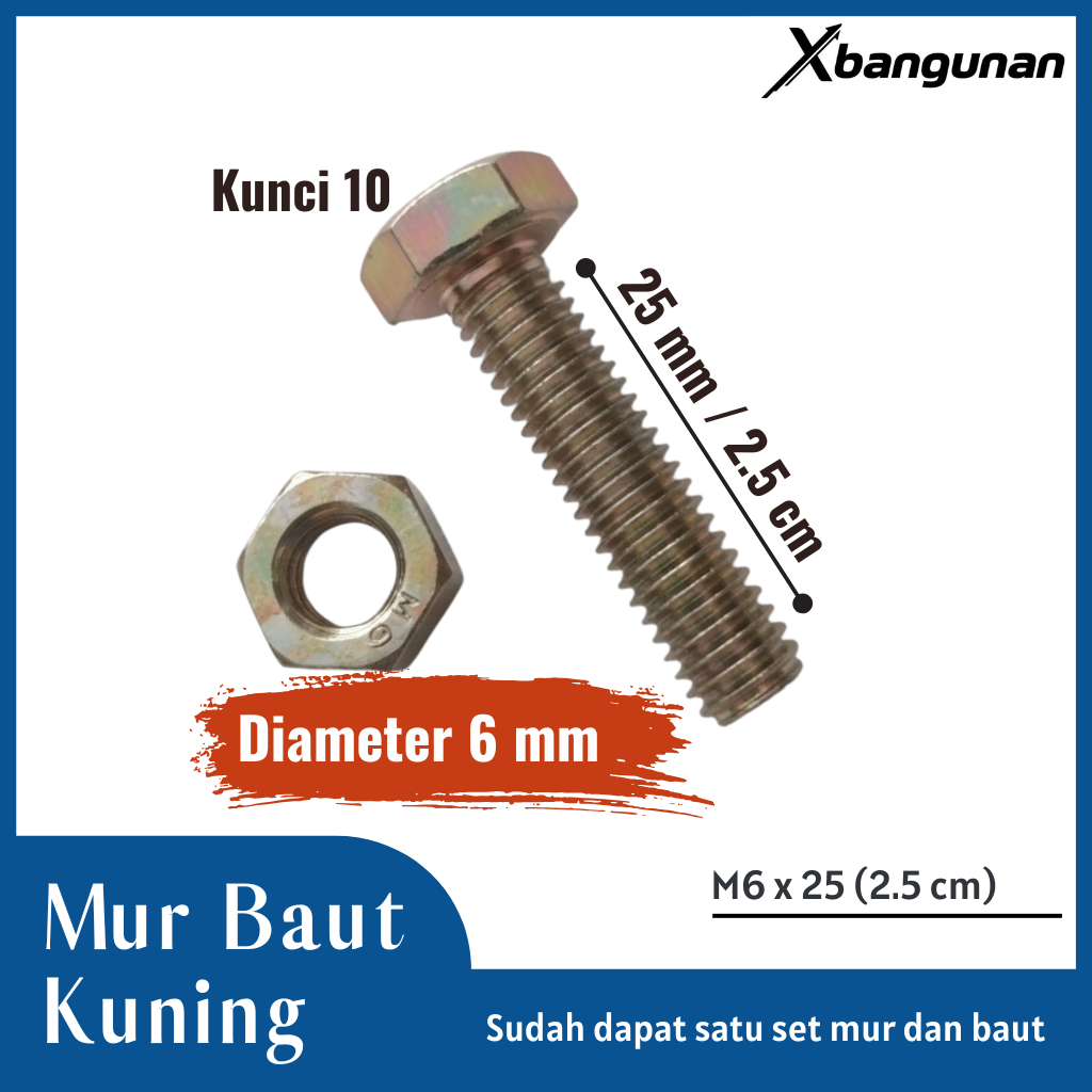 Mur Baut Kuning M6 x 25 Panjang 2,5 Cm