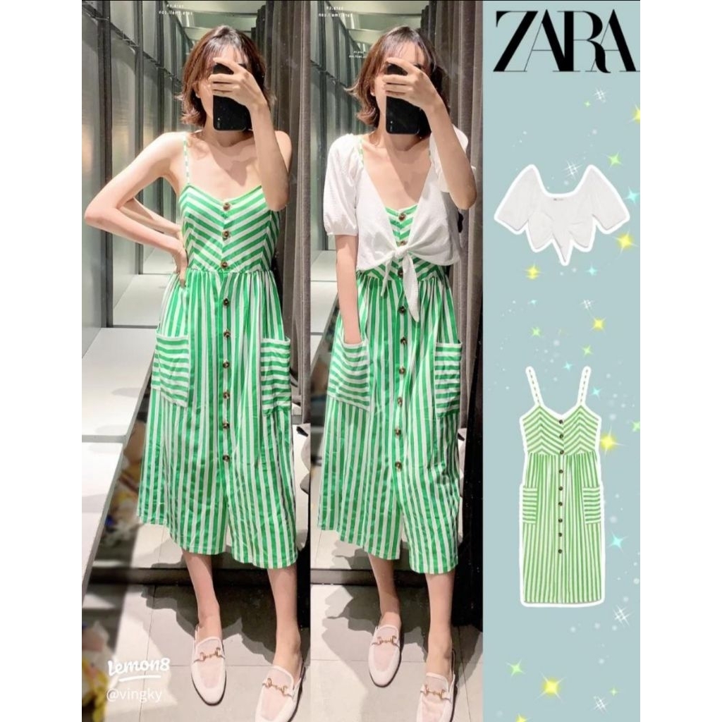 ZARA DRESS BAJU PANTAI SEXY CANTIK SANTAI KEREN CANTIK GREEN STRIPE GARIS SALUR PANTAI ORIGINAL ORI 