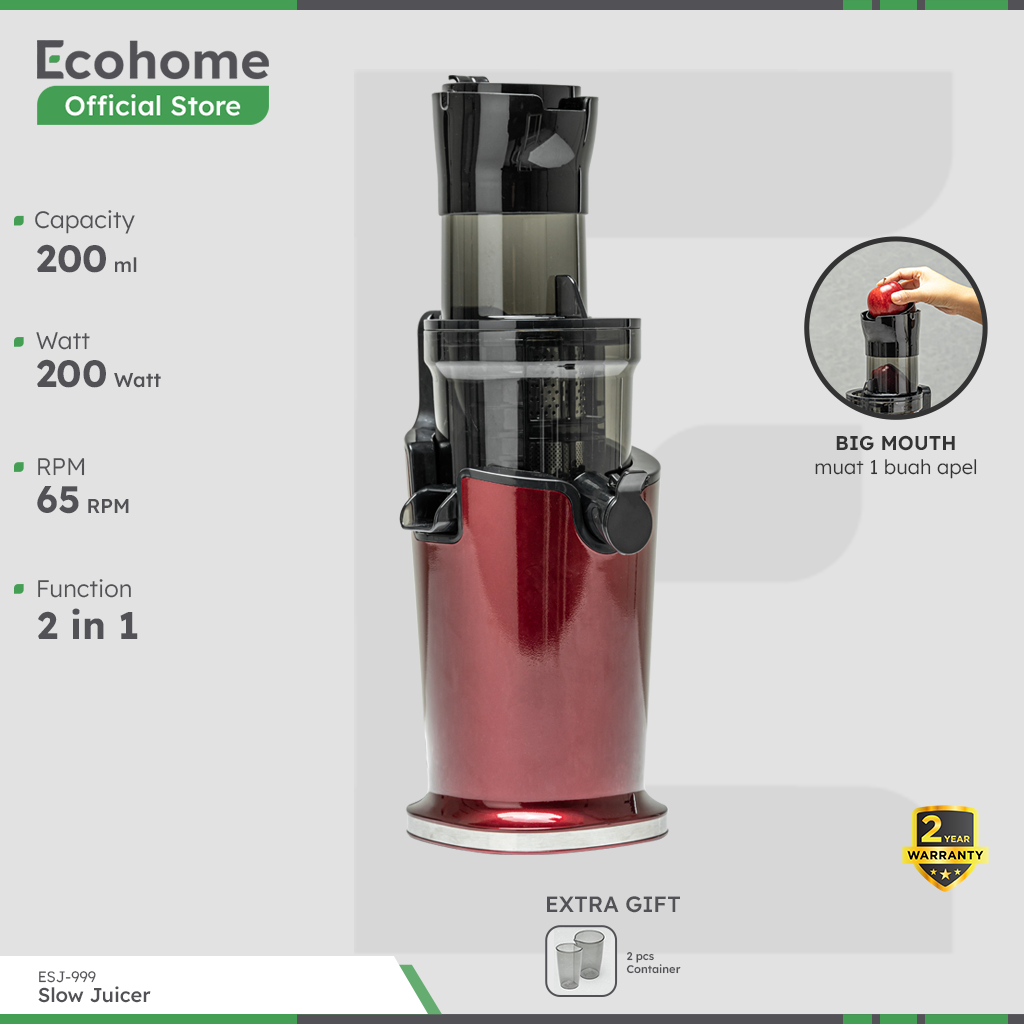 ECOHOME Slow Juicer ESJ999 2 in 1 Function Pengekstrak Buah Tanpa Ampas RPM65 Low Watt & Easy Clean