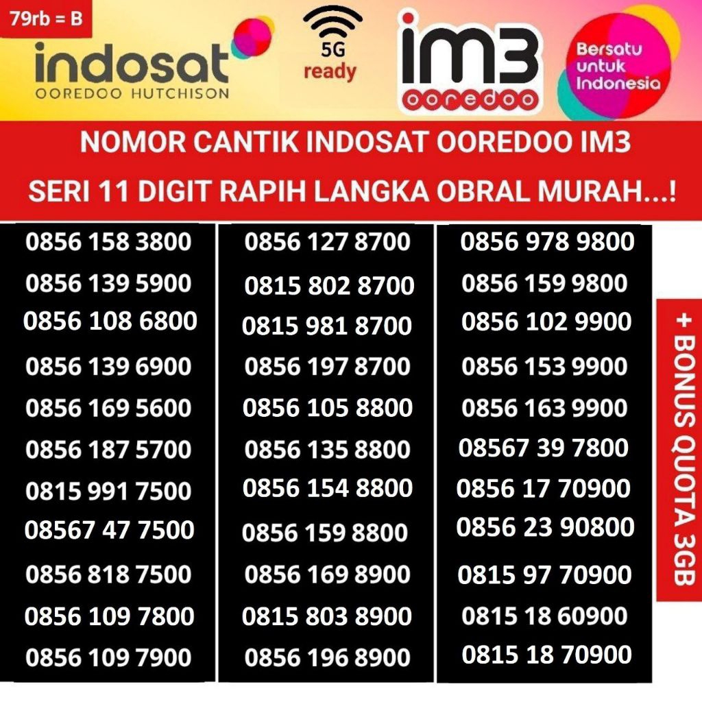 nomer cantik 11 digit indosat ooredoo 4G 5G ready nomor kartu perdana im3 internet freedom 3GB