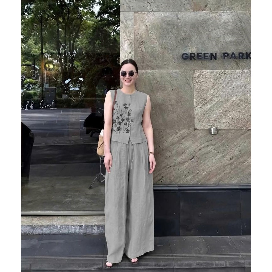 SenjaShop TRAVEL SET  One Set Setelan Linen Summer Time Blouse Crop Top Bordir Kulot Wanita
