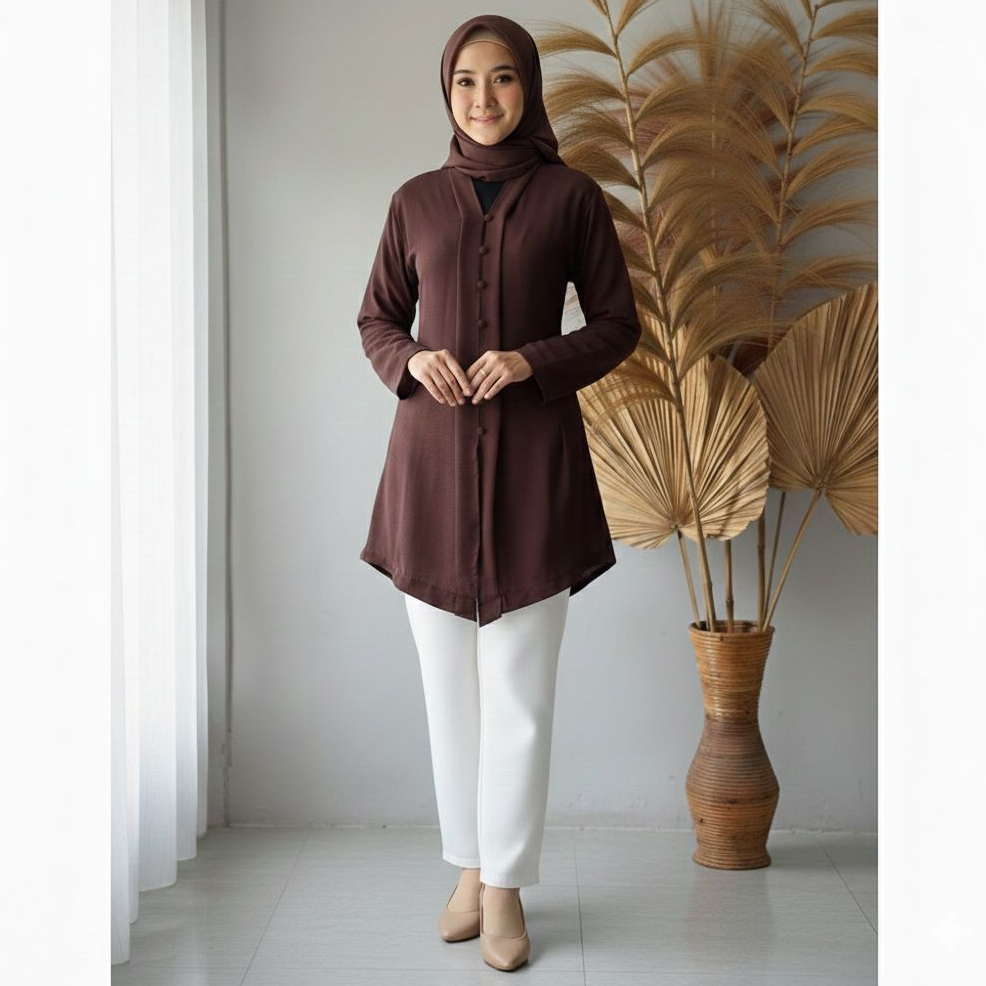 Tunik Wanita Panjang Warna Biru Dusty, Abu Gelap, Putih, Hitam, Merah Maroon Lengan Panjang Full Kan