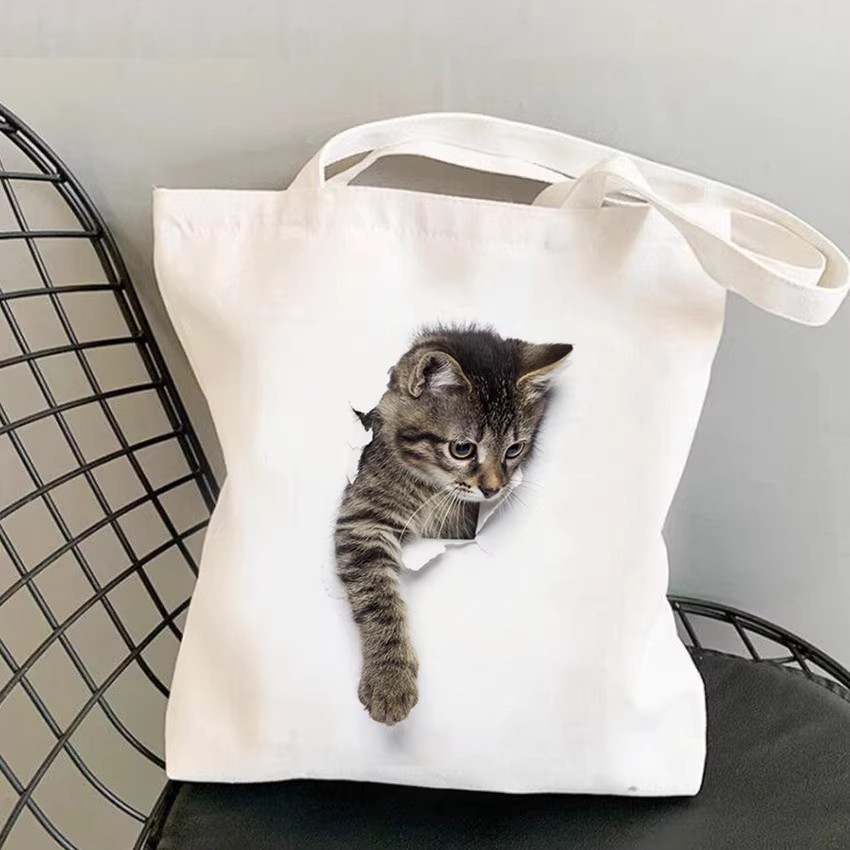 Tas Kanvas Tangan & Selempang Santai Motif Kucing Lucu 3D Realistis Bertekstur