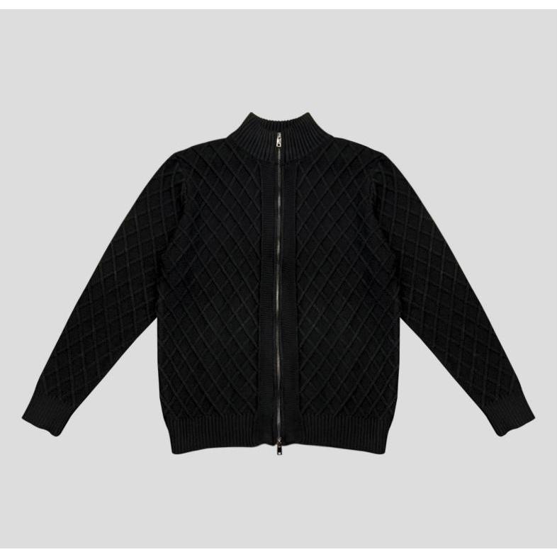 Outer Rajut Resleting Pola Diamond Hitam | Knit Campuran Katun & Wol | Regular Fit Stand Collar Leng