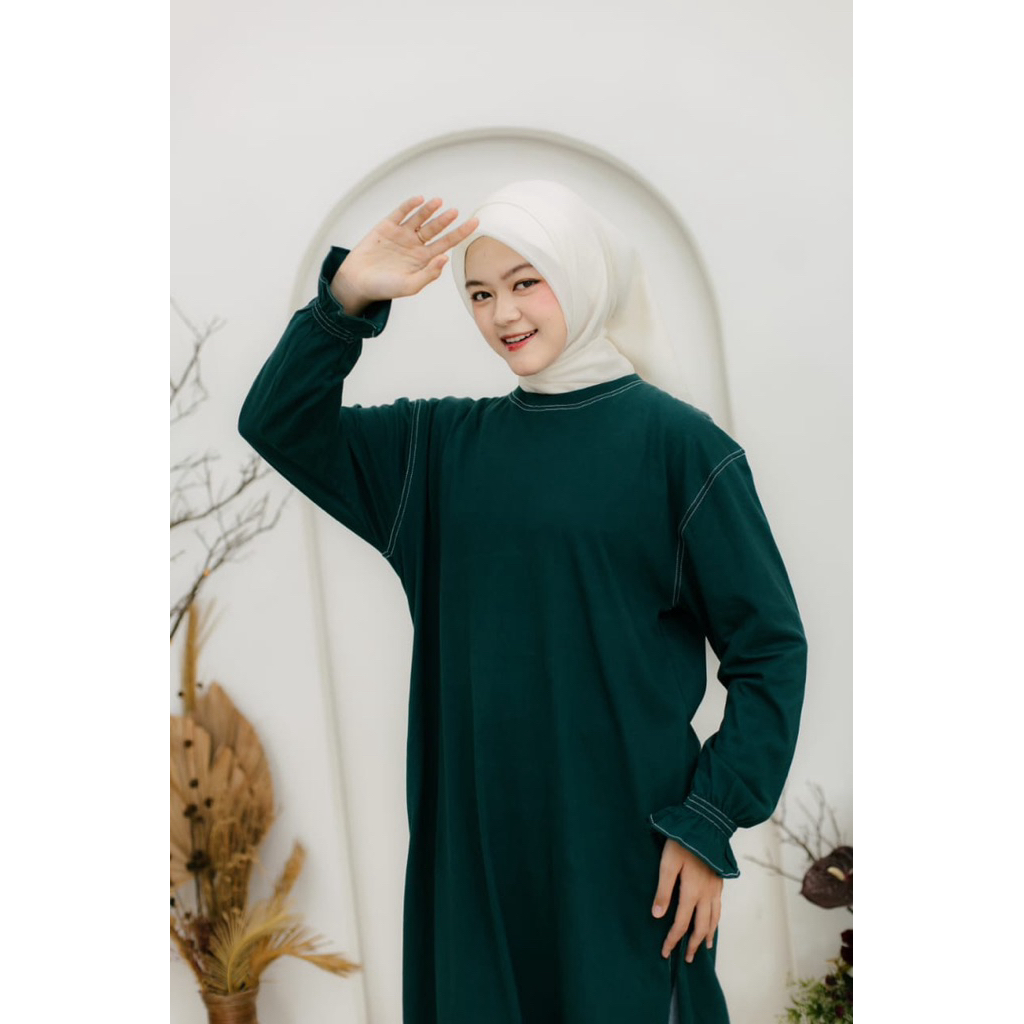 Midi List Tunik Terbaru By Khaya.id / Tunik Midi Bahan Kaos List Putih Lengan Rib Karet