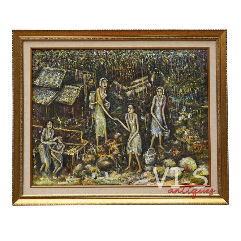 Lukisan H. Widayat Market Oil On Canvas Antik Kuno