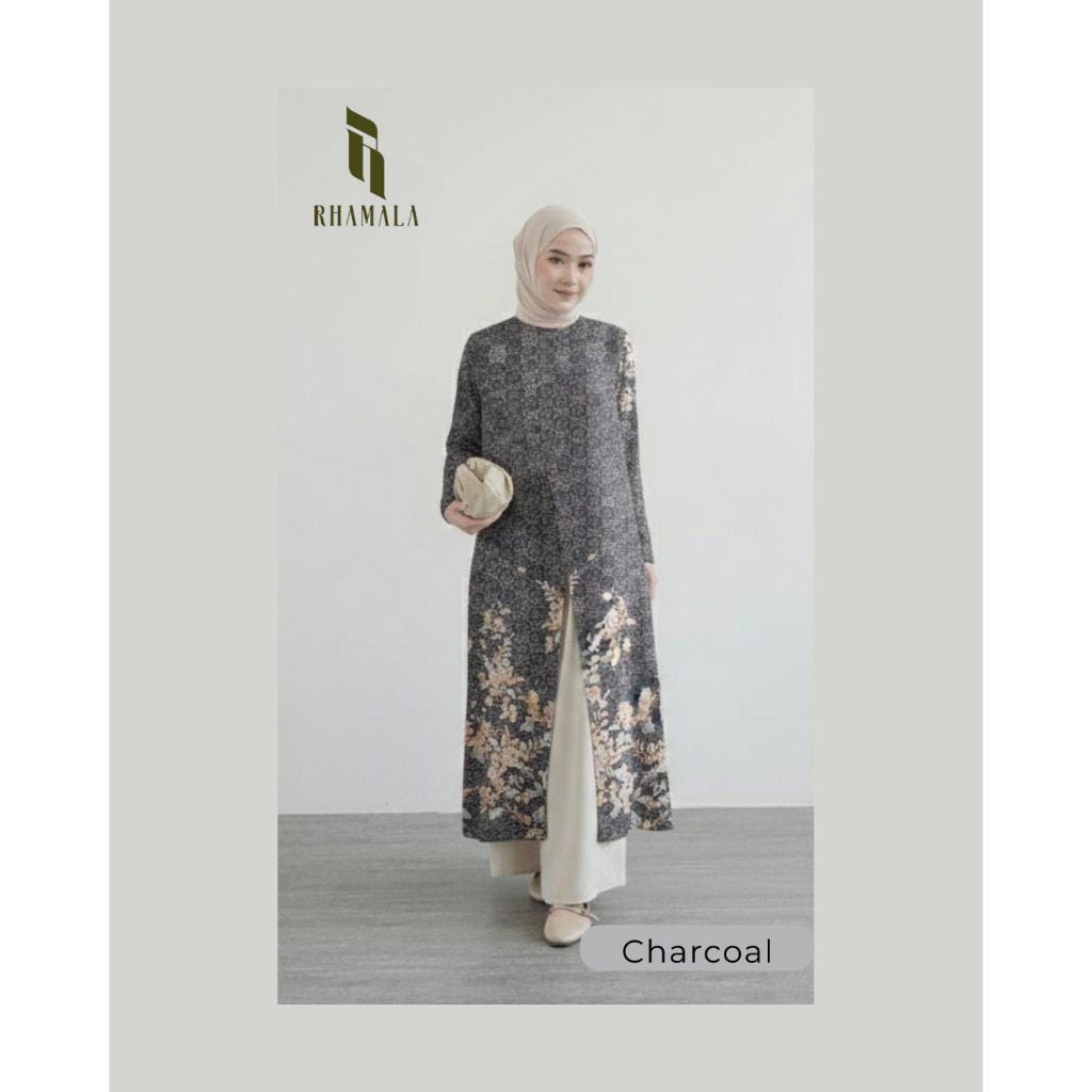 Rhamala - One Set Tunik Muslim Wanita Motif Premium / Atasan Tunik Panjang Motif Celana Kulot Polos
