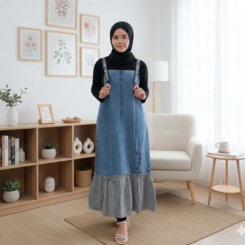Naifa Overall Dress Jeans Korean Style Fashion Wanita Remaja Baju Kodok Rok Ripped Kekinian Terbaru