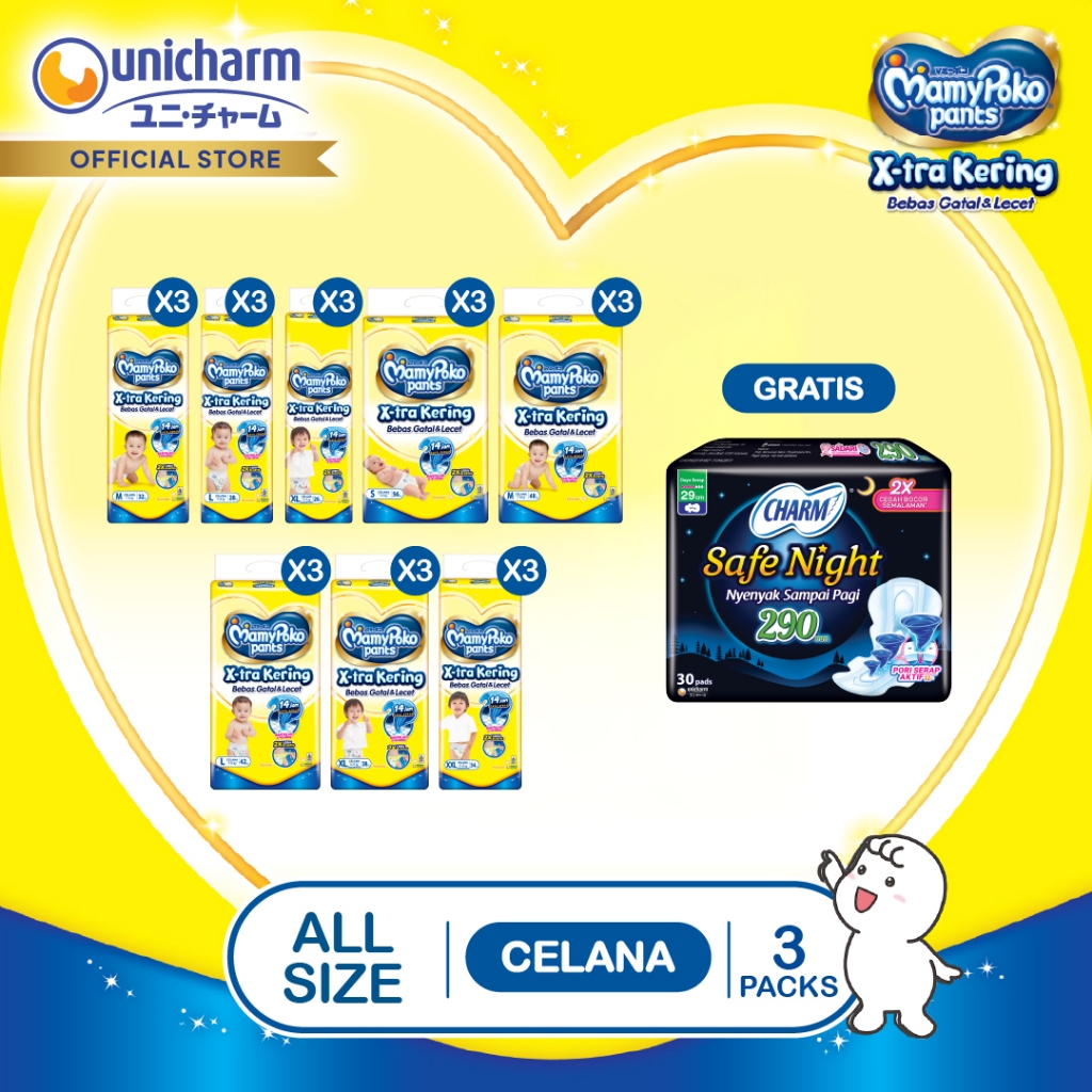 (GRATIS CHARM) MamyPoko Pants X-tra Kering Celana Size S-XXL - 3 Packs