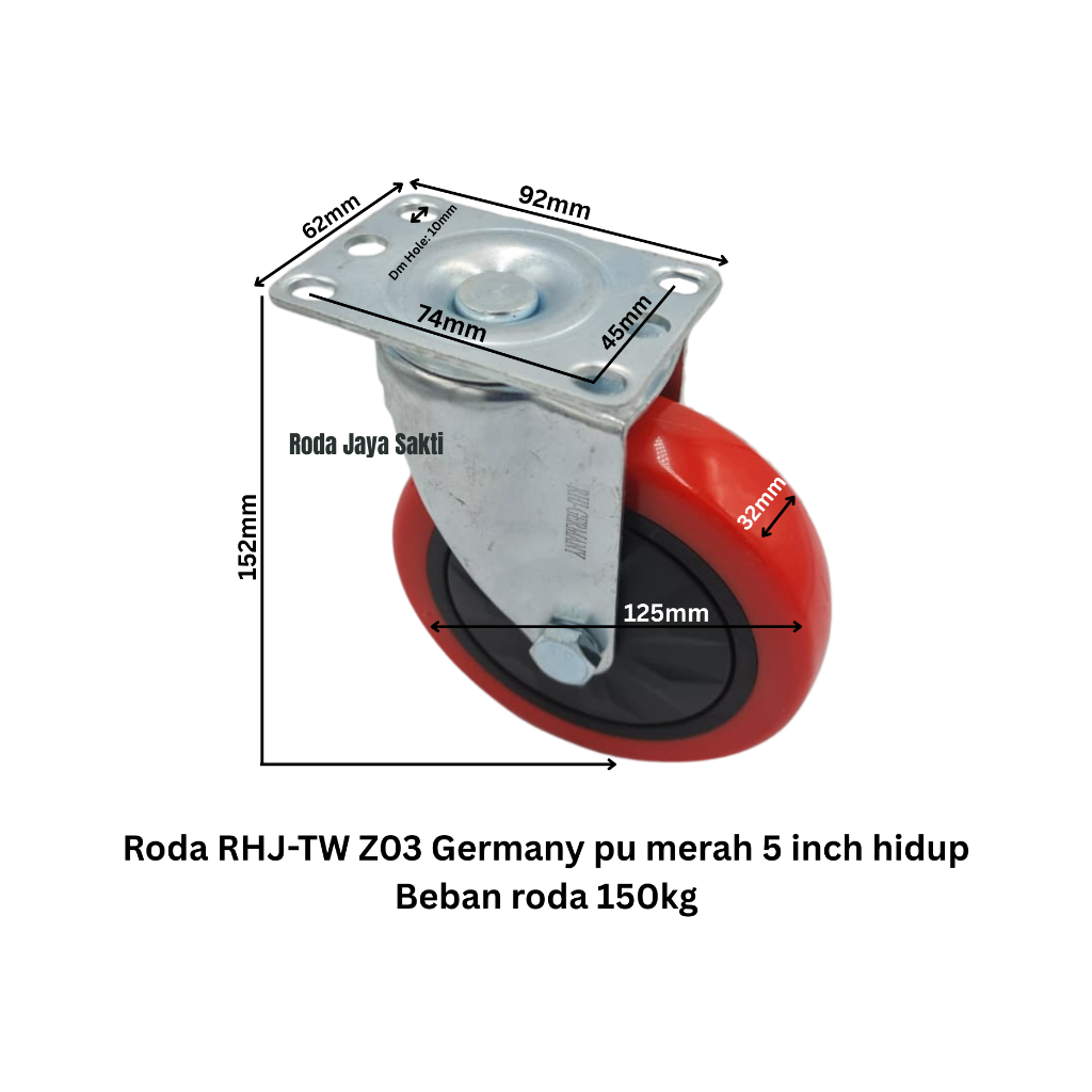 Roda troli RHJ-TW Z03 Germany pu merah 5 inch hidup beban roda 150 kg
