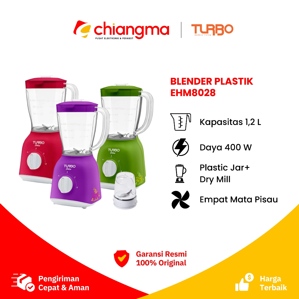 TURBO Blender Plastik EHM8028 1.2L Motor Kuat 4 Mata Pisau BPA + Free Dry Mill Bumbu 3 Warna Garansi