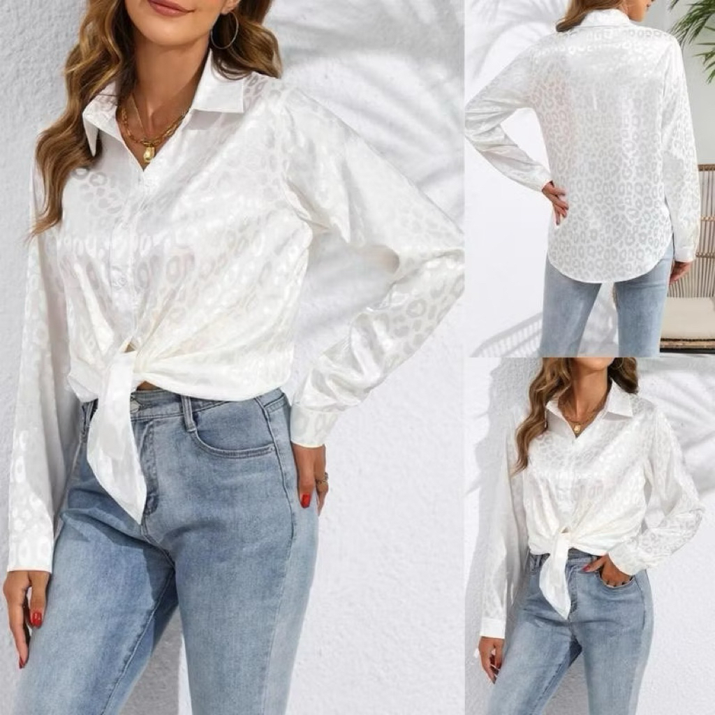 Kemeja Satin Motif Leopard Blous Satin Motif Macan Tutul Atasan Wanita Satin Atasan Wanita Sutra Kem