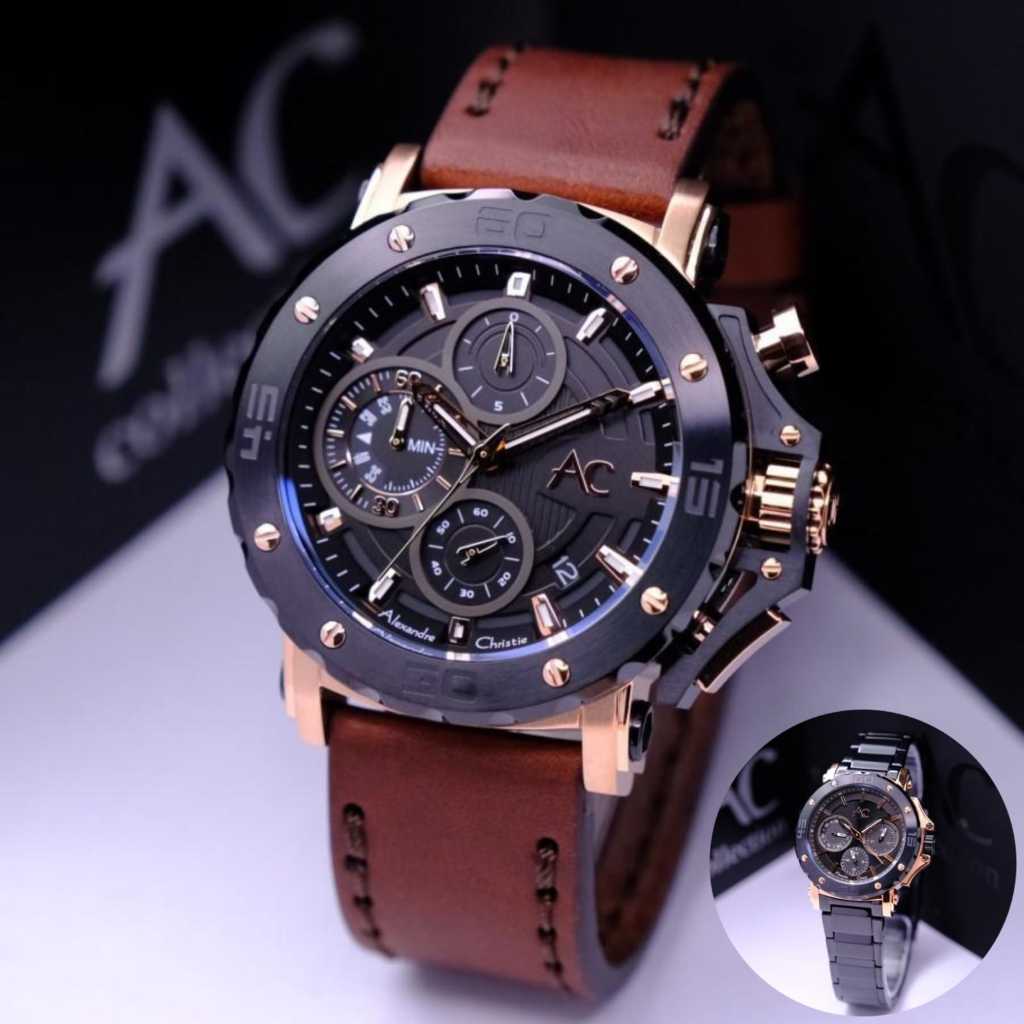Jam tangan pria wanita alexandre christie ac 9205 stainless steel leather & rubber original