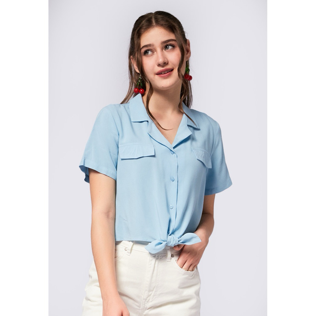 [NEW] Kemeja Crop Colorbox Biru COLORBOX Front Tie Short Sleeve Blouse Lt. Blue