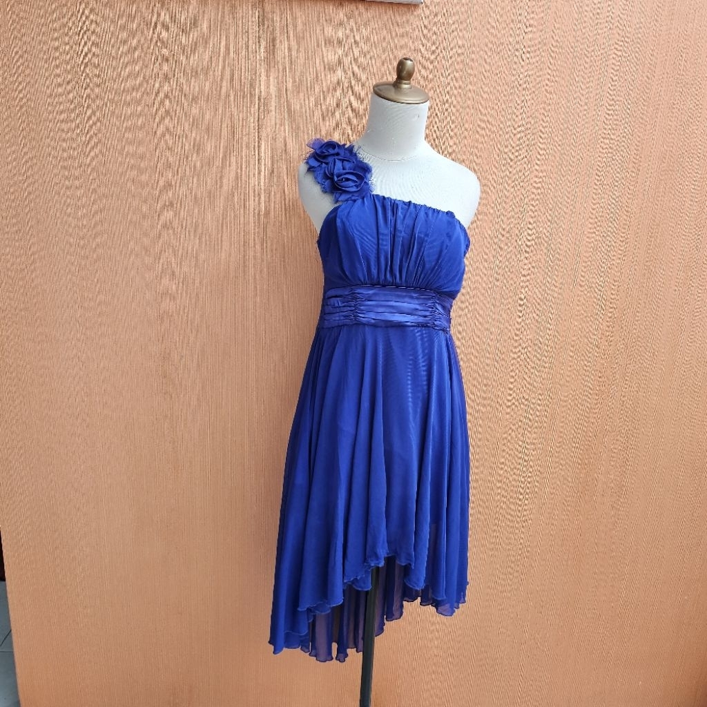 GAUN mini midi dress wanita birel biru elektrik ANLIER cewek M one shoulder MEWAH asimetris PESTA cu