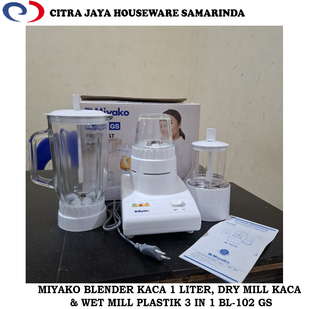 Blender Set 1 Liter Kaca, Dry Mill Kaca & Wet Mill Plastik 3 in 1 MIYAKO BL-102 GS (PER 1 SET)