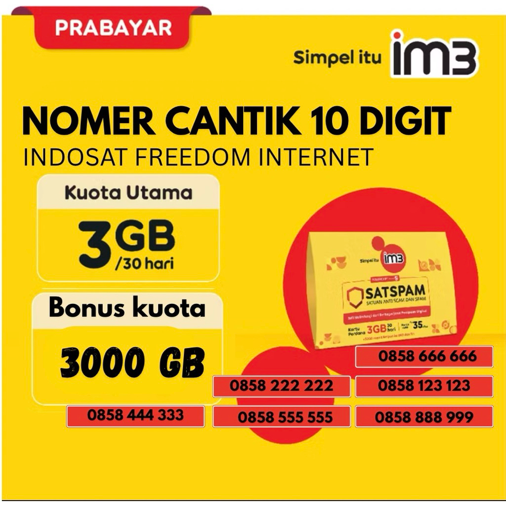 Kartu Cantik 10Digit, Indosat Bonus Kuota 3000gb