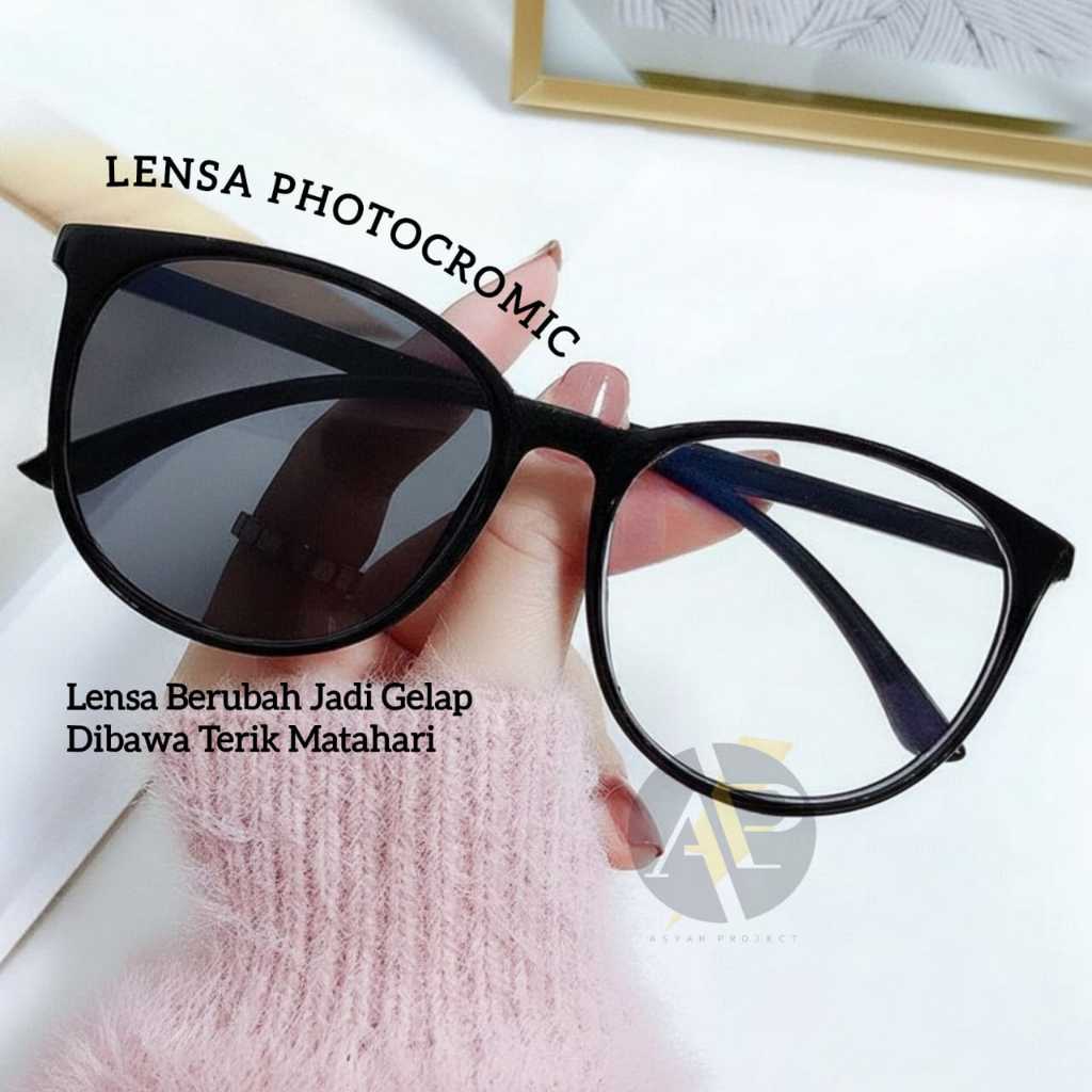 Kacamata Photocromic Wanita Antiradiasi Frame Bulat Oval Hitam Fashion