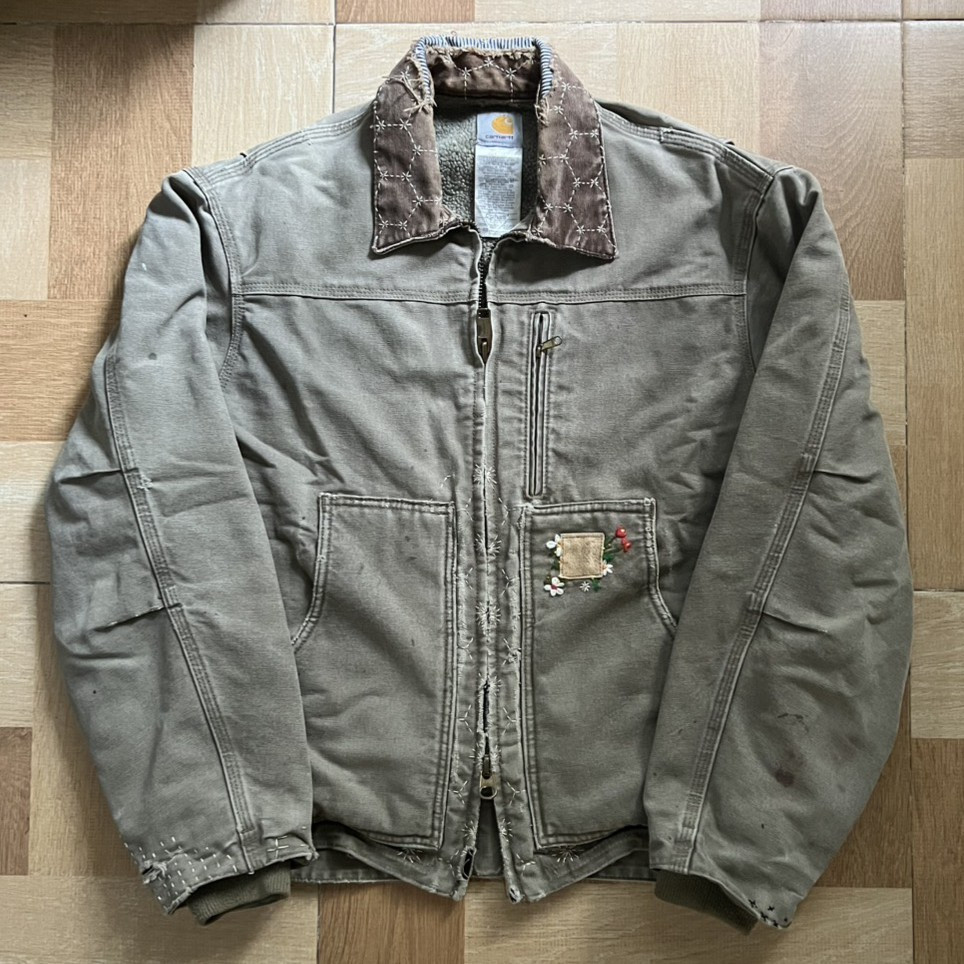 Carhartt Detroit Jacket C61 MUS 1 of 1 Custom Trashed Duck Canvas Inner Sherpa Double Zipper Size M 