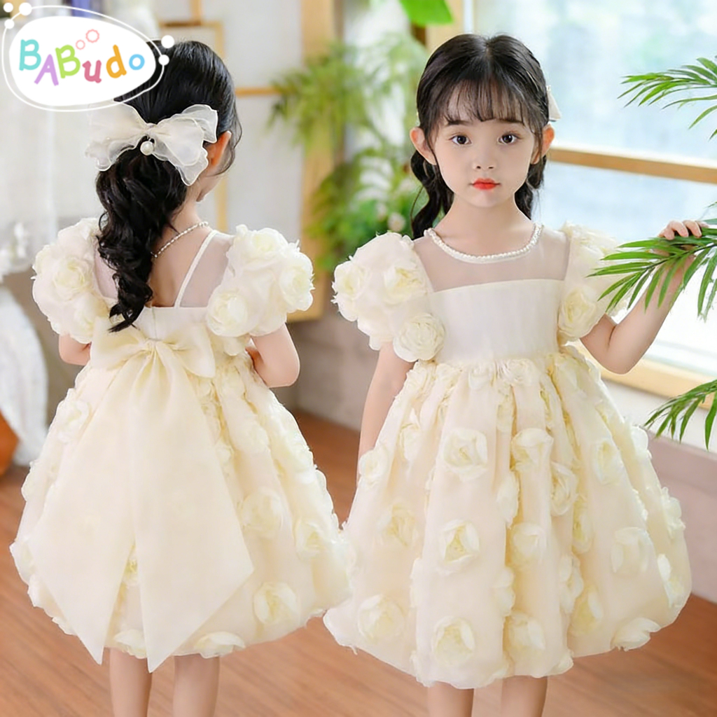 Gaun Pesta Anak Perempuan Jahitan Tangan, Motif Mawar yang Indah, Cocok Usia 1-8 Tahun untuk Acara S