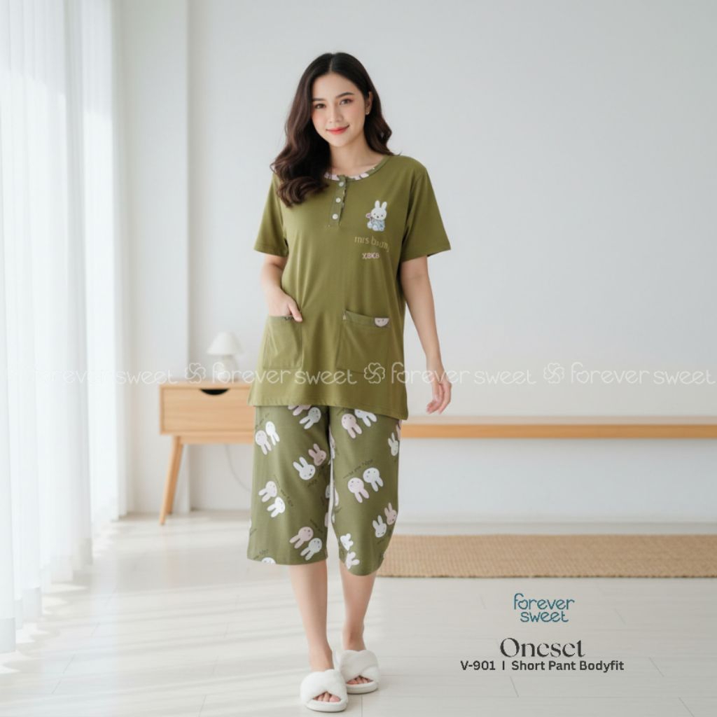 FOREVER SWEET Concept Baju Tidur Babydoll Setelan Piyama One Set 3/4 Bodyfit Body Fit Celana Pendek 