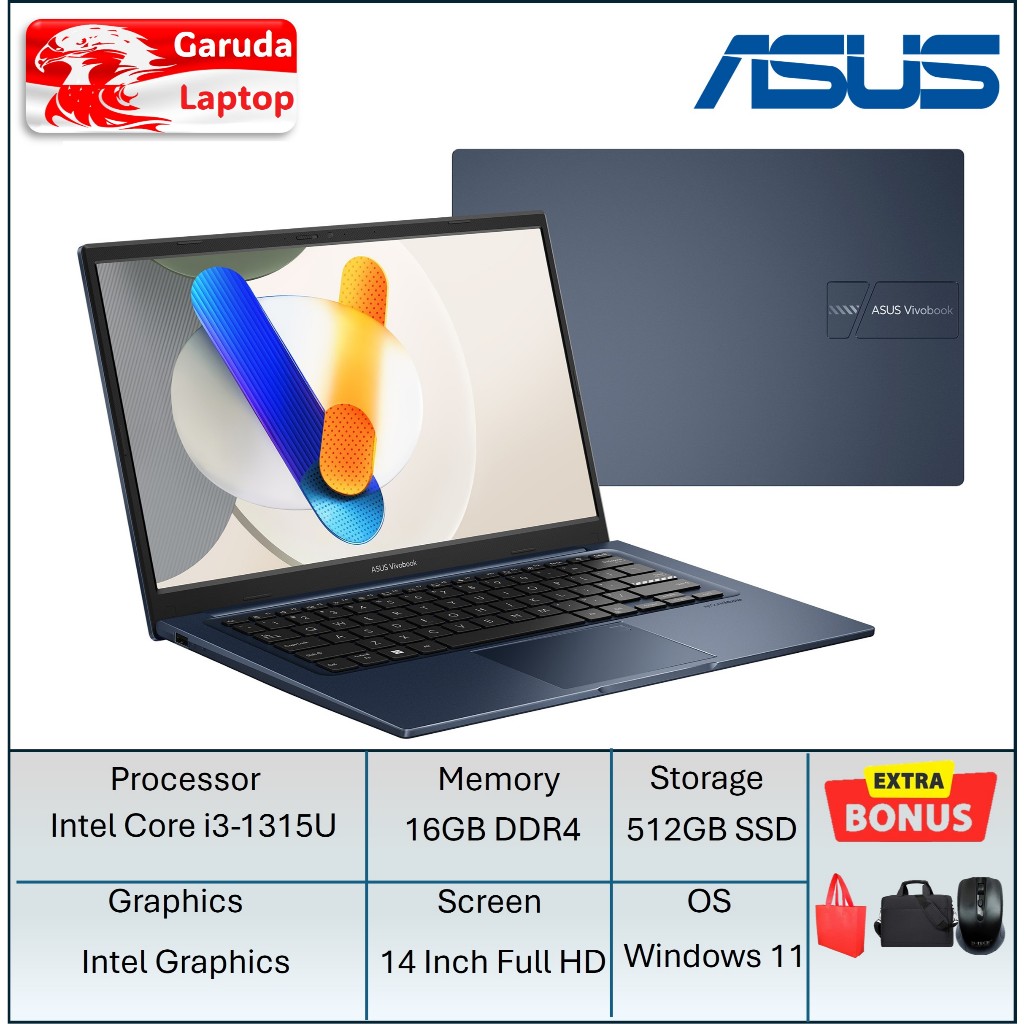Laptop Kerja Intel Core i3 Gen 13 Terbaru Asus Vivobook X1404VA 16GB 1TB SSD 14 inch Full HD