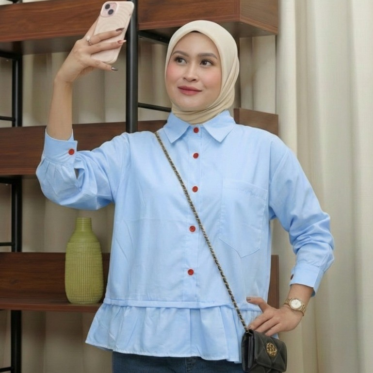 Blouse Narina Atasan Wanita Kekinian Ruffle Bahan Katun Poplin Shirt