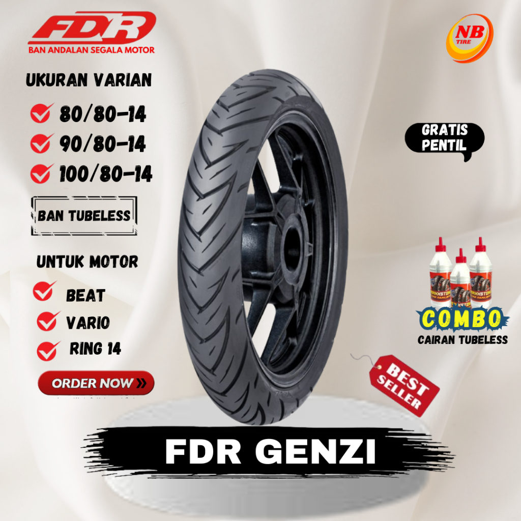 BAN TUBLES FDR GENZI ( 80/80-14 ), ( 90/80-14 ), ( 100/80-14 ) TUBELESS RING 14 MOTOR MATIC ORIGINAL