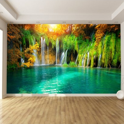 Wallpaper Custom Dinding 3D Pemandangan Alam Stiker Air Terjun Sticker Hutan Stiker Lukisan Pohon