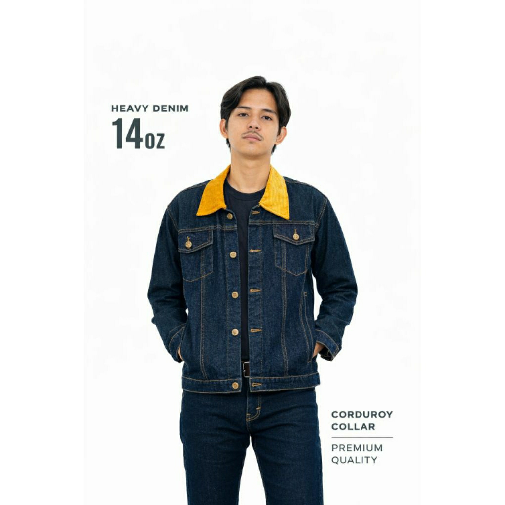 Jaket Denim Pria Tebal Kerah Corduroy Model Trucker