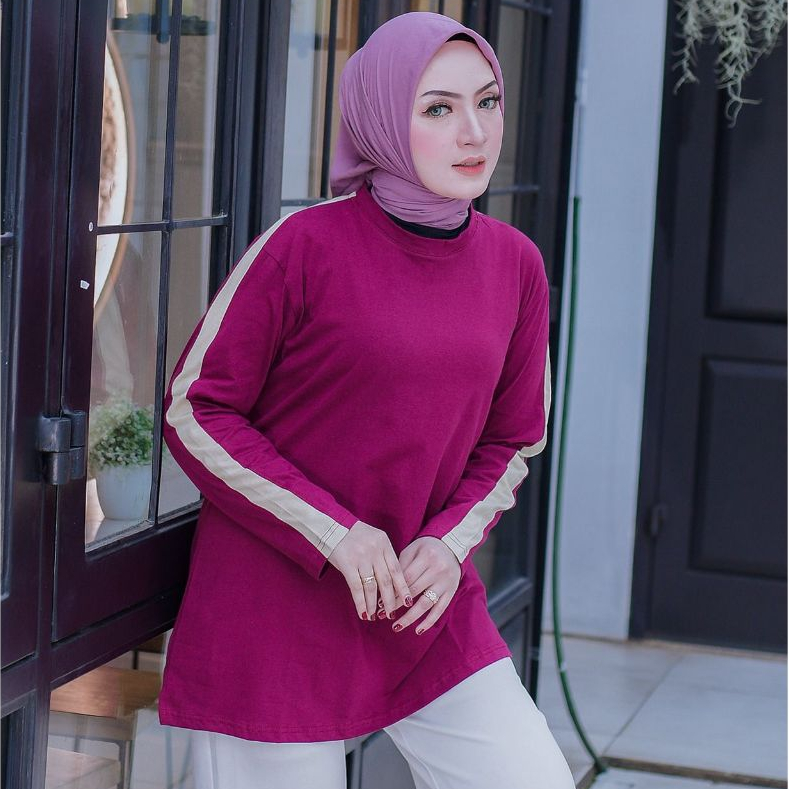 RAOURA SPORT Atasan Kaos Oversize Wanita Lengan Panjang Lengan Garis Bahan Katun Combed Premium
