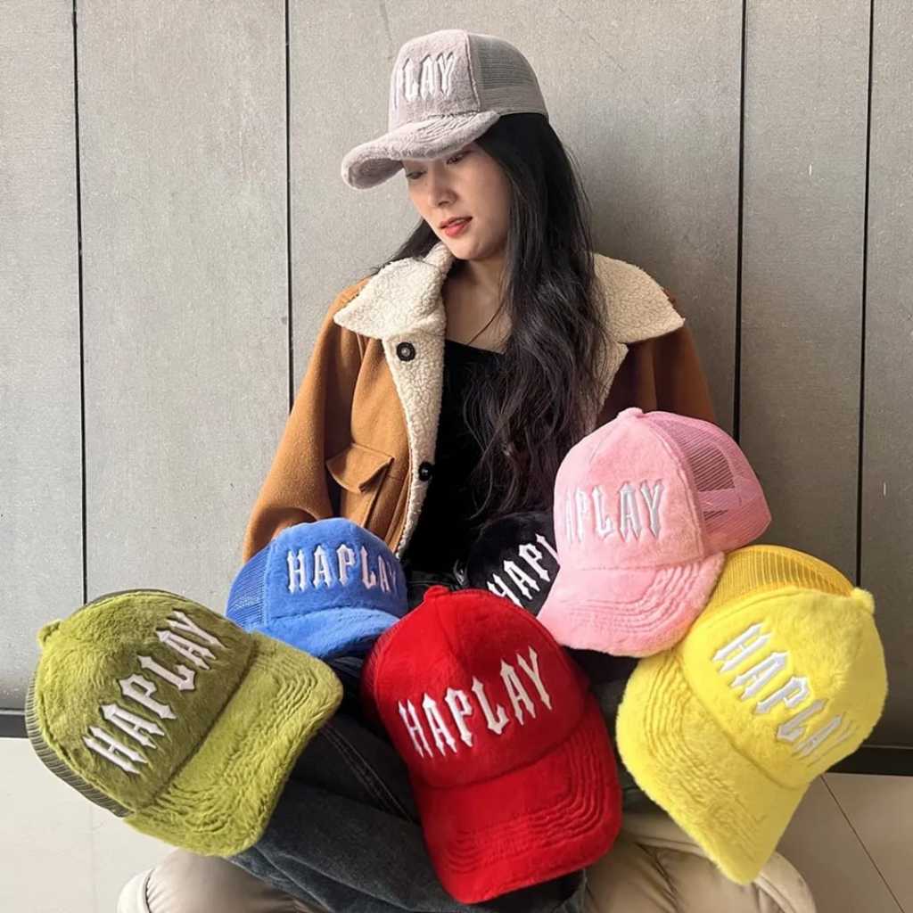 Topi Trucker Wanita Korea Motif Bulu Halus UV Pelindung Fashion