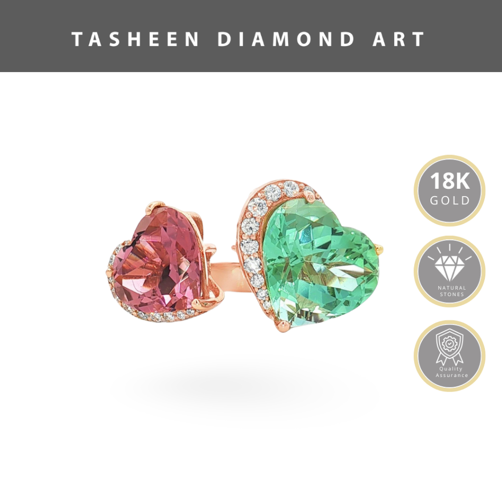 TDA Cincin Emas Berlian Asli Batu Turmalin Motif Hati | Cincin Wanita Kado Tunangan Anniversary