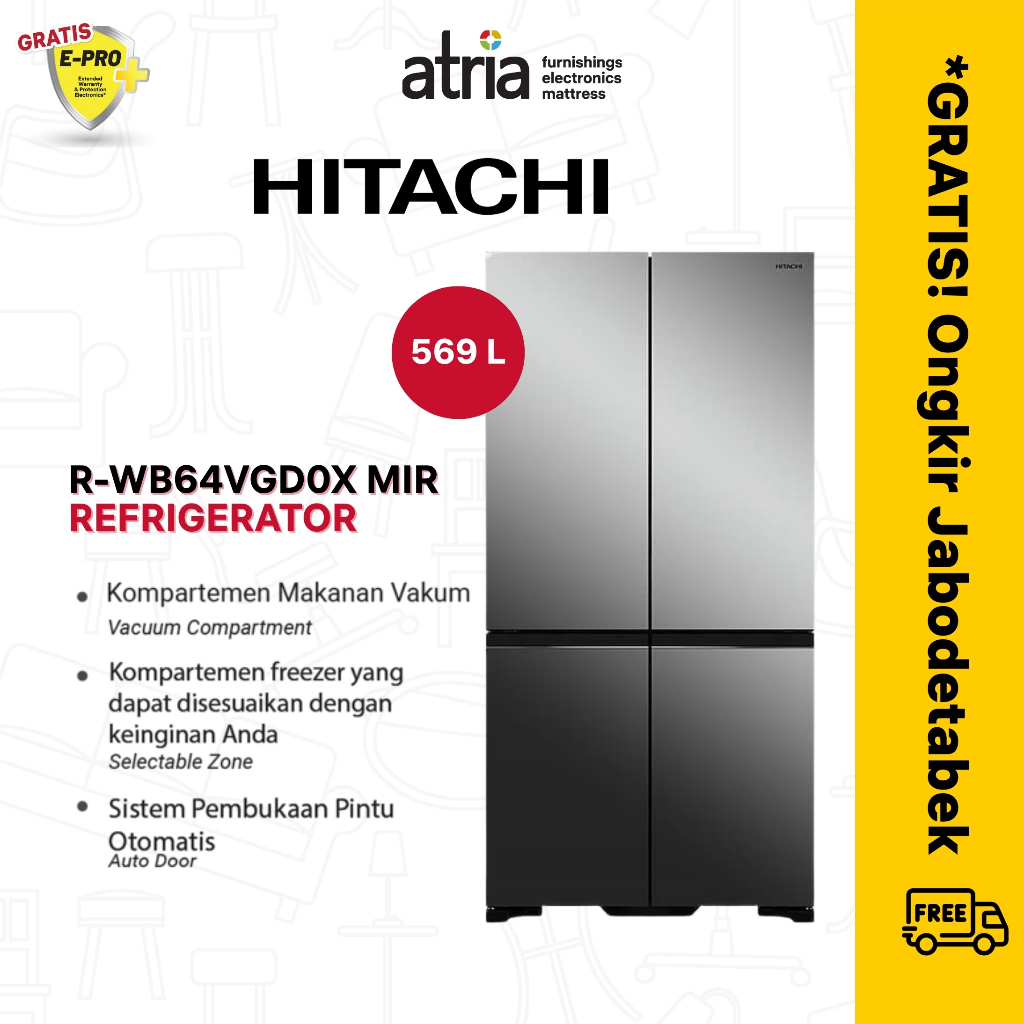 HITACHI Kulkas Bottom Frezzer French Door Inverter 569L Miror R-WB64VGD0X