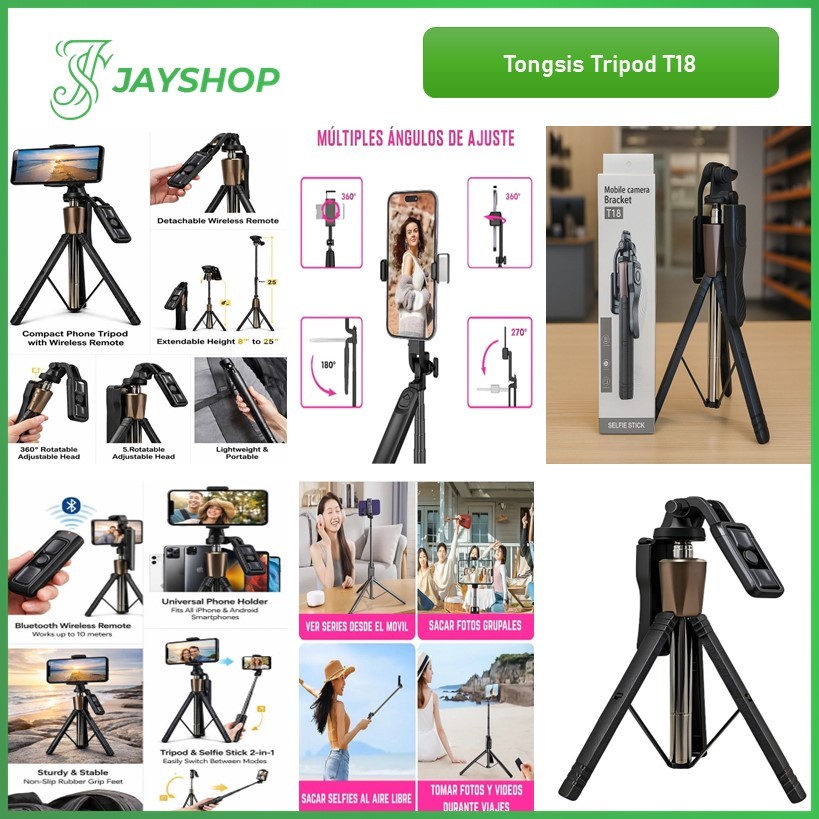 Tongsis Tripod Bluetooth T18 Tripod Selfie Stick 180CM Remote Shutter Bluetooth 360 Derajat