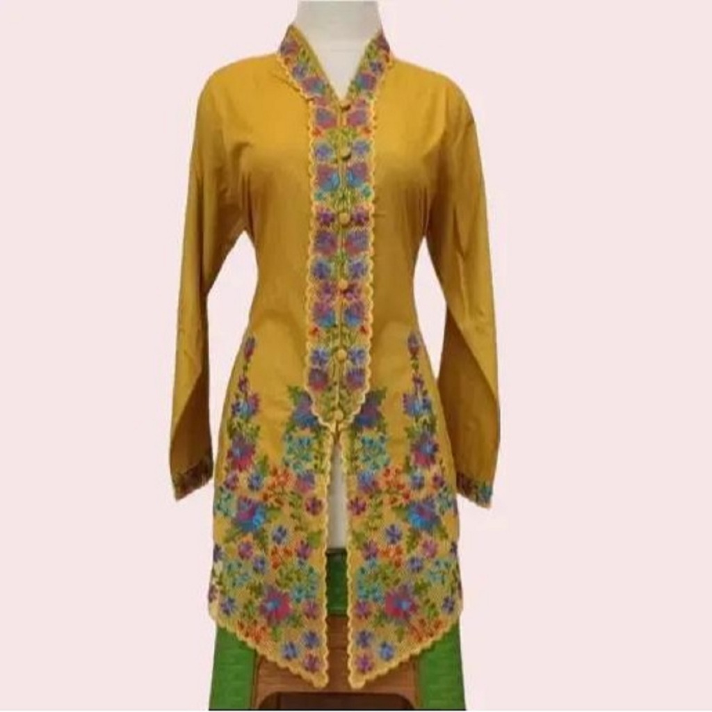 Kebaya Encim Bordir Motif Bunga Big Size Bahan Katun Toyobo Warna Kuning