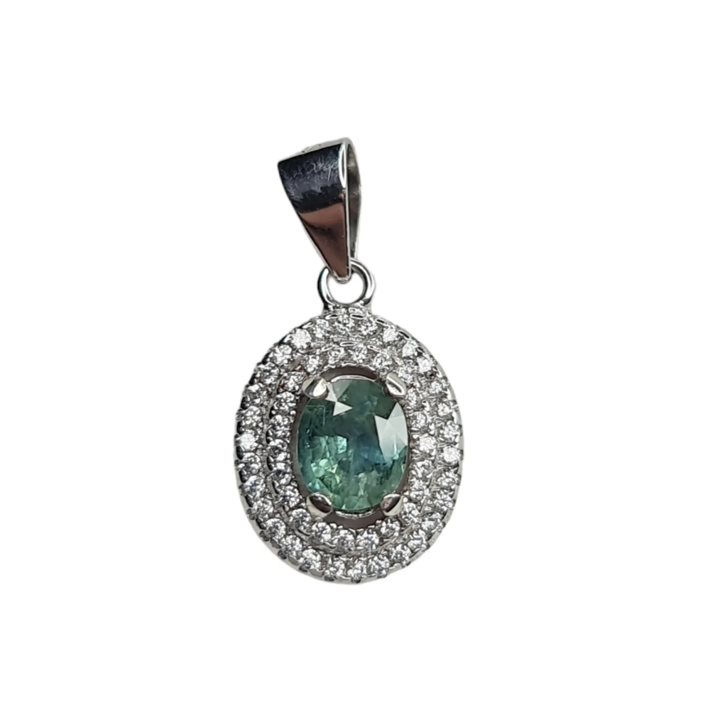 Sapphire Silver Pendant Natural Sapphire Fancy Color 925 Stamp - Liontin Green Sapphire