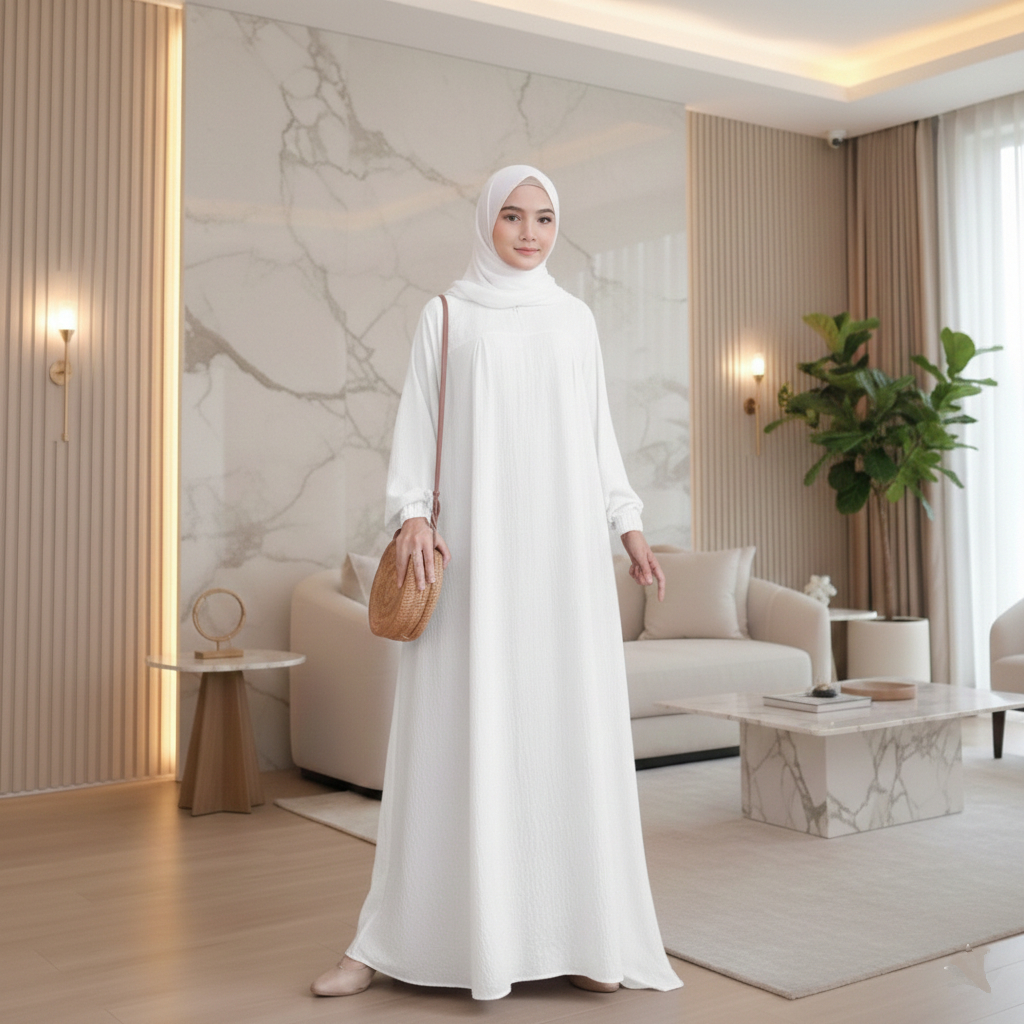 Gamis Putih Simple Elegan Terbaru Basic Abya Dress Wanita Remaja Dewasa Muslim kekinian