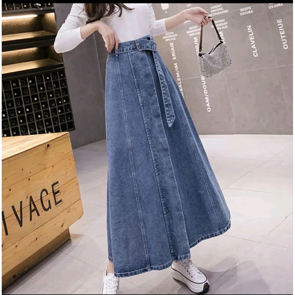 RH jeans Rok Natalie Jeans Skirt Panjang Wanita Denim Tebal