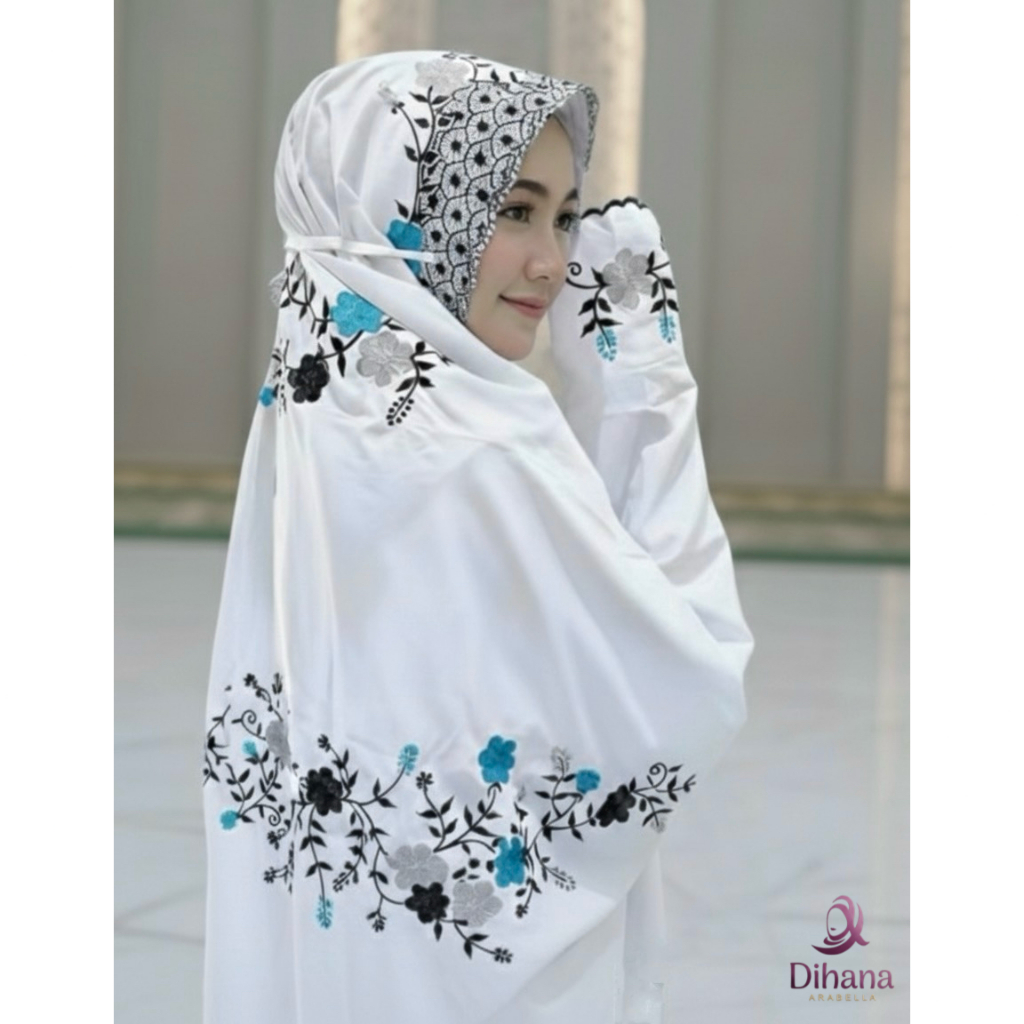 MUKENA DEWASA BORDIR LAJURAN PANJANG POLINO PUTIH BORDIR DAUN HITAM BUNGA WARNA | MUKENAH TERUSAN/LA