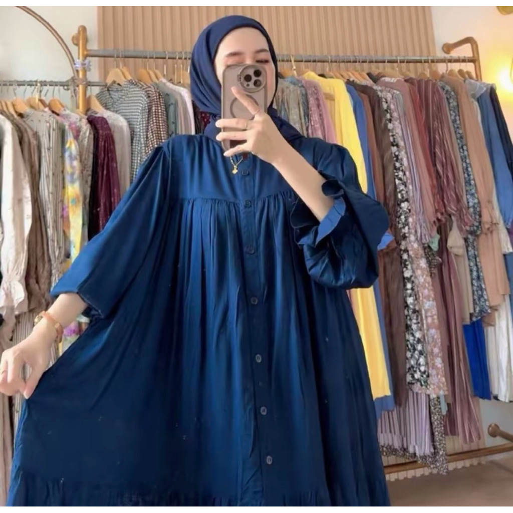 MIDI DRESS LENGAN BALON POLOS LD 120 RAYON TWILL DRESS JUMBO TERBARU