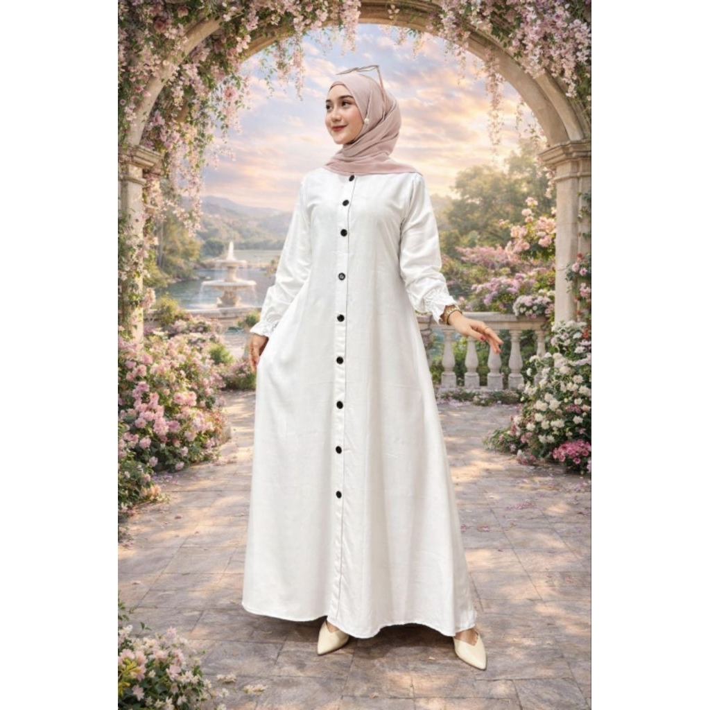 ZF.CLOTH Gamis Polos Putih Bersih Busui Kancing Depan Bahan Twill Ori Bisa COD