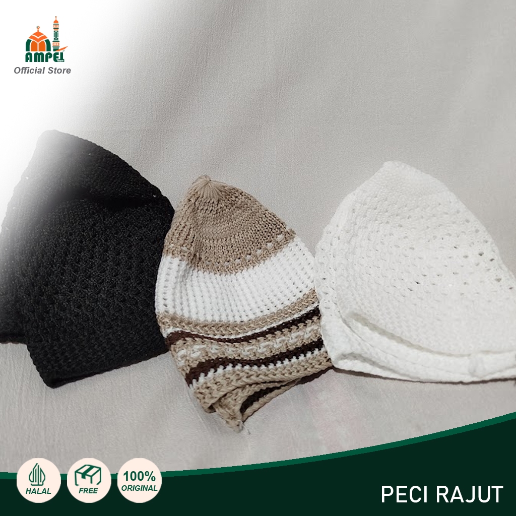 1 KODI (20pcs) Peci Kopiah Rajut Tebal Warna Putih Dan Motif Untuk Oleh Haji Umroh Lentur Size Dewas