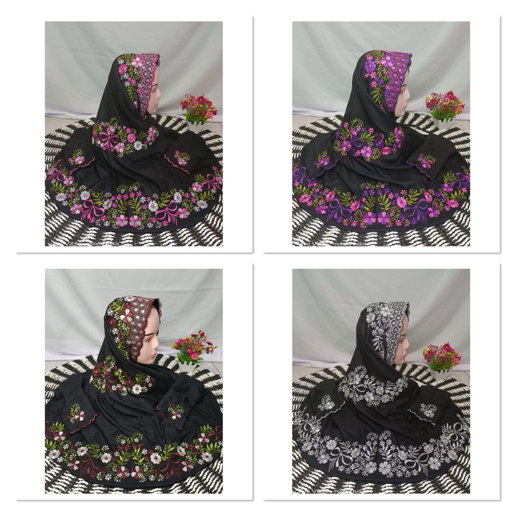 mukena bordir terusan warna hitam motif bunga