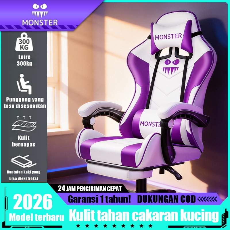 Kursi Gaming Ergonomis Monster Reklinasi 90-145° Ketinggian & Sandaran Kaki Adjustable Plastik Kulit