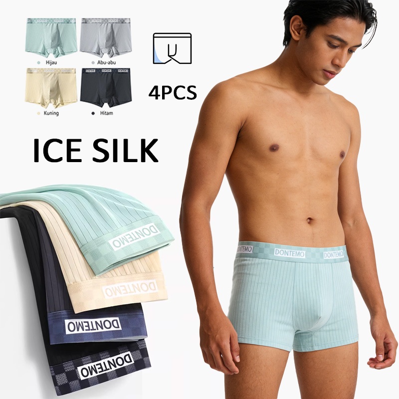 4 PCS Celana Dalam Pria Boxer Ice Silk Adem Lembut Tipis Antibakteri Elastis CD
